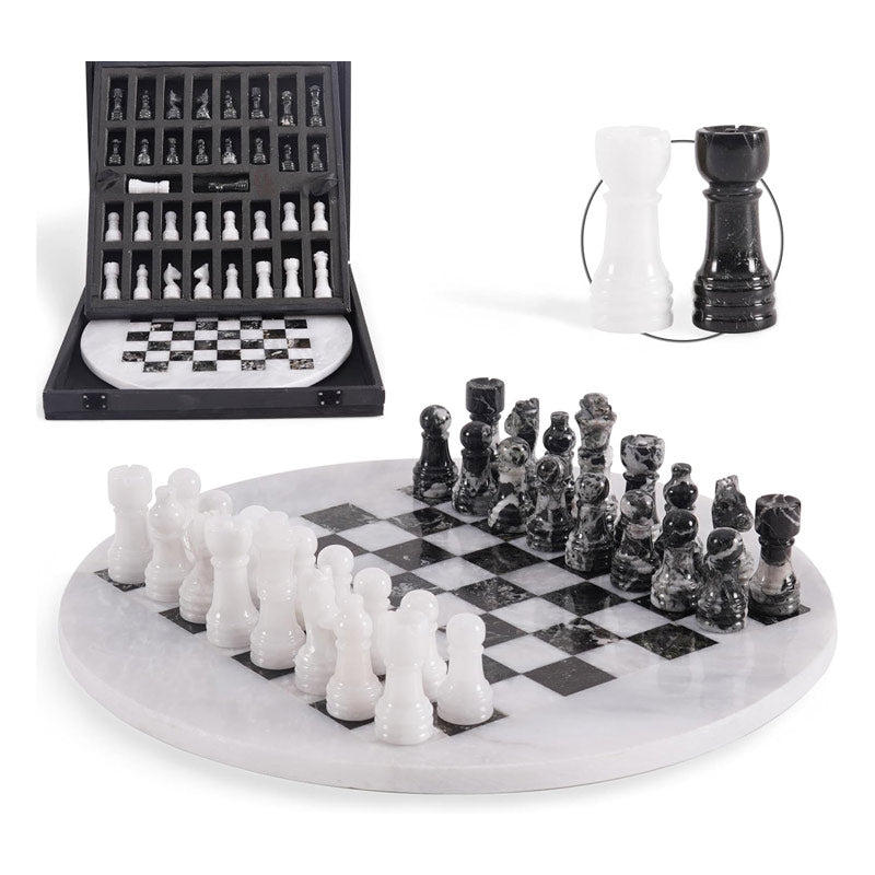Marble 30 cm Round Chess Set With Standard Storage Box
