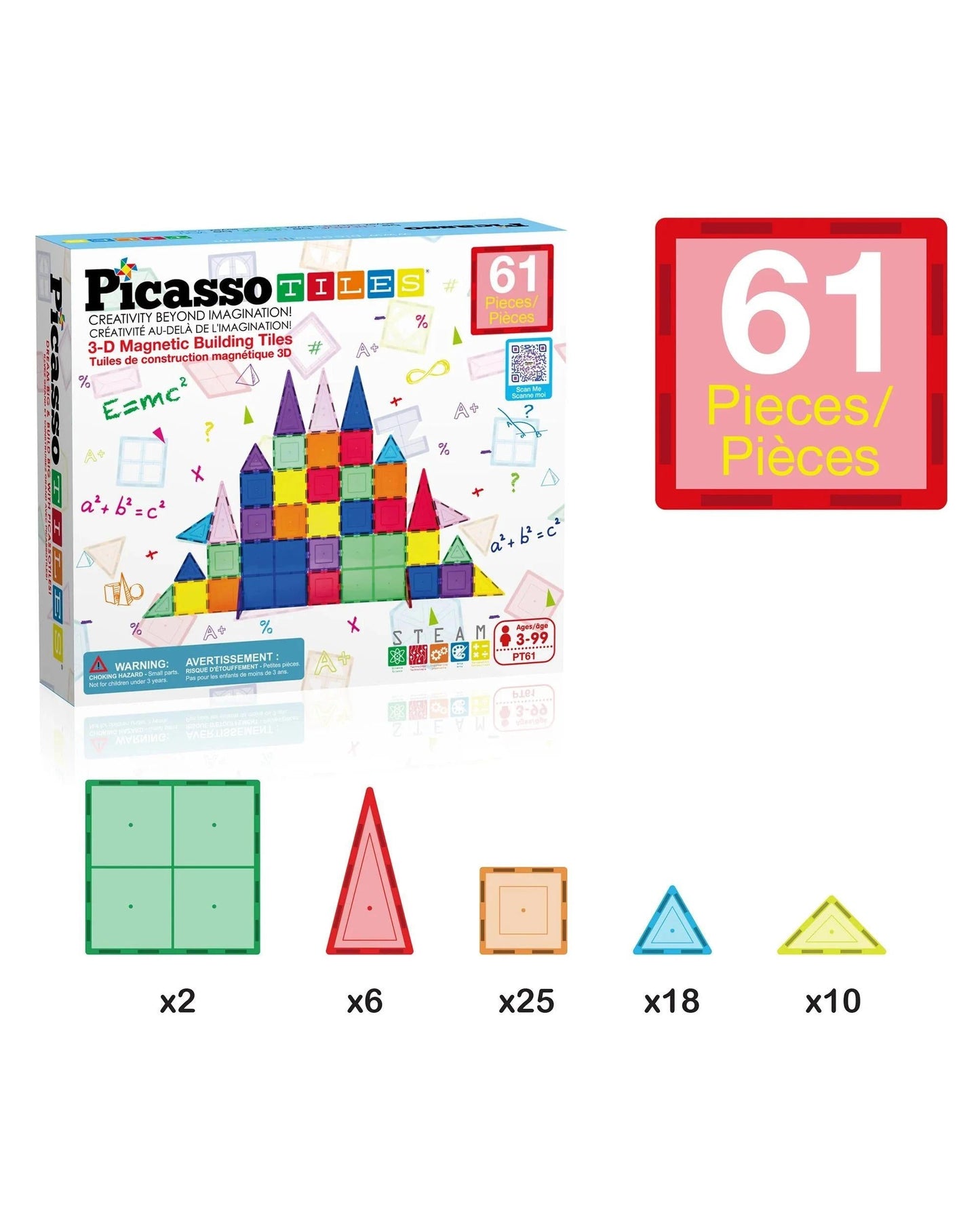 PicassoTiles Magnetic Tile Classic Building Set 61 Pieces