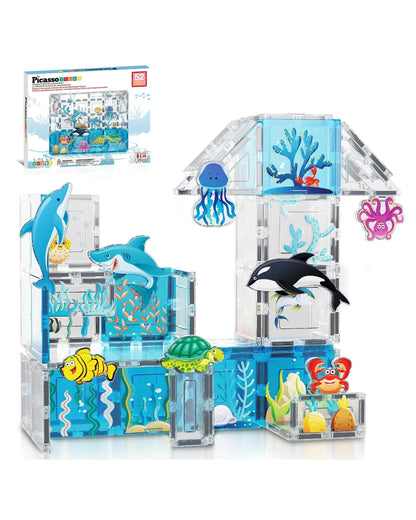 PicassoTiles Magnetic Tile Aquarium Marine World Building Set 52 Pieces