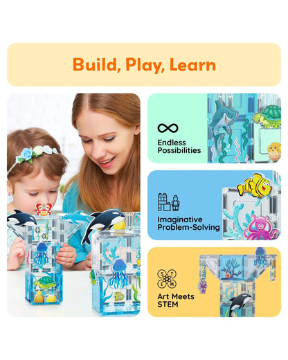 PicassoTiles Magnetic Tile Aquarium Marine World Building Set 52 Pieces