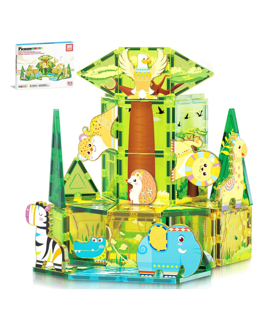 PicassoTiles Magnetic Tile Safari Animals Building Set 46 Pieces