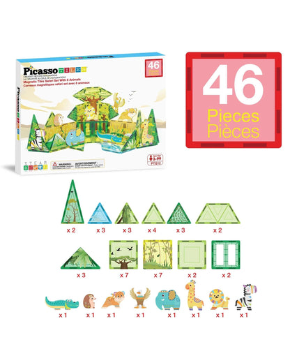 PicassoTiles Magnetic Tile Safari Animals Building Set 46 Pieces