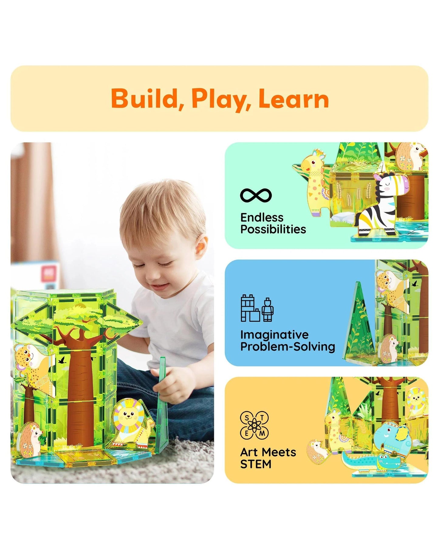PicassoTiles Magnetic Tile Safari Animals Building Set 46 Pieces