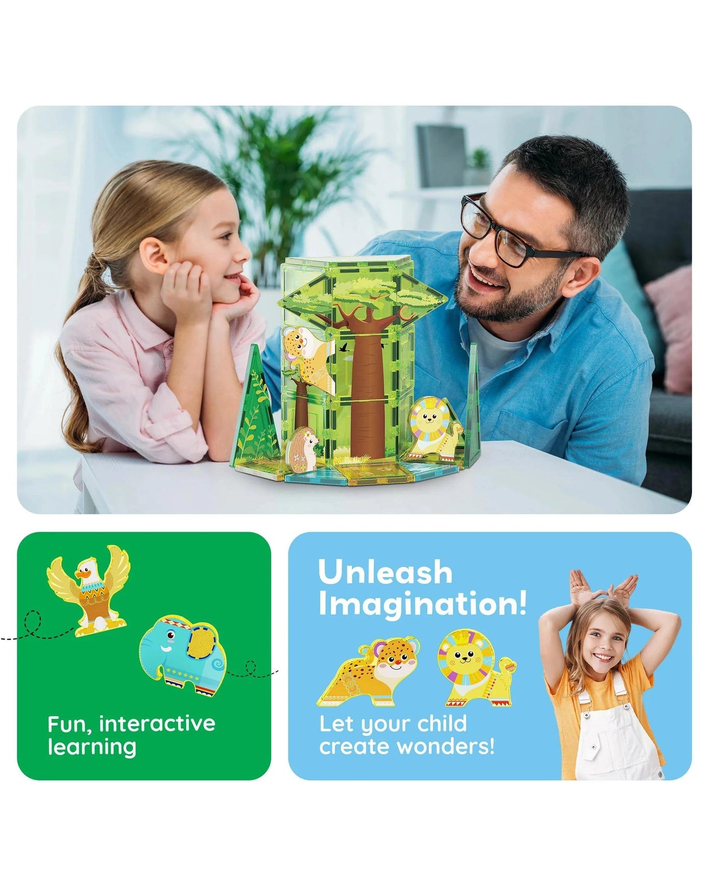 PicassoTiles Magnetic Tile Safari Animals Building Set 46 Pieces