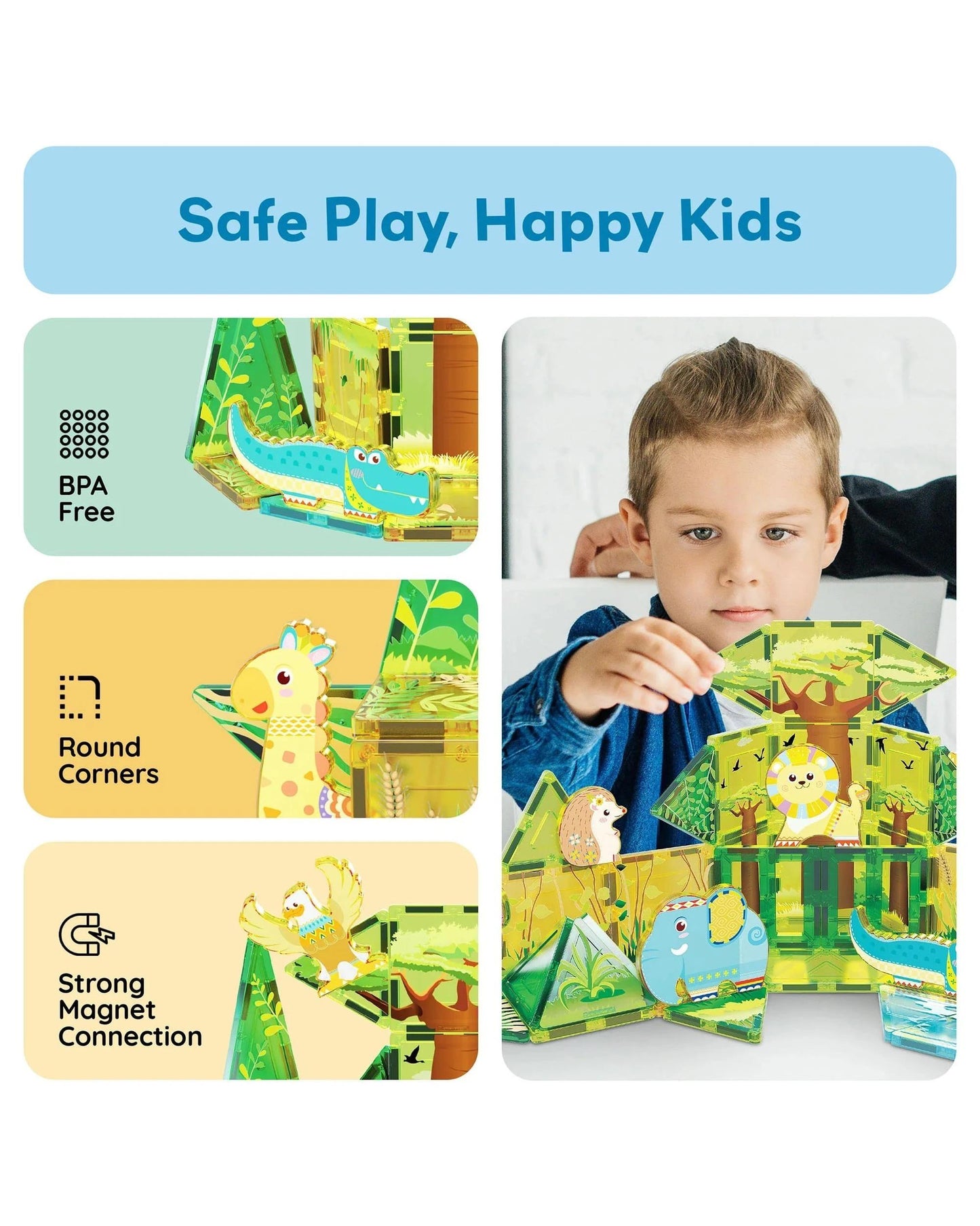 PicassoTiles Magnetic Tile Safari Animals Building Set 46 Pieces