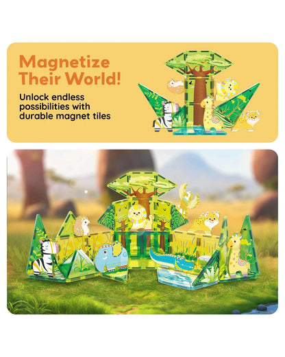 PicassoTiles Magnetic Tile Safari Animals Building Set 46 Pieces