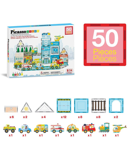 PicassoTiles Magnetic Tile Metro City Building Set 50 Pieces