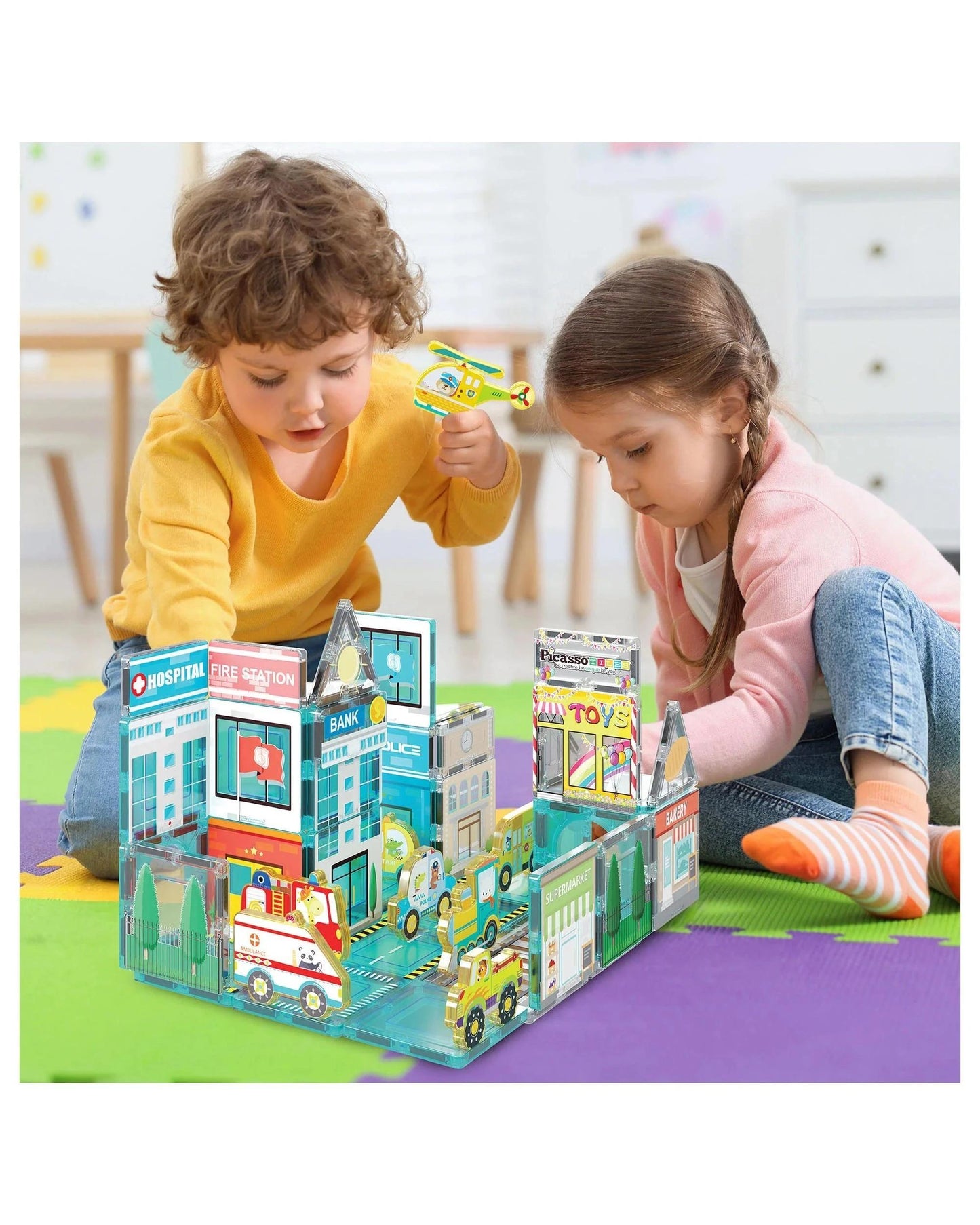 PicassoTiles Magnetic Tile Metro City Building Set 50 Pieces