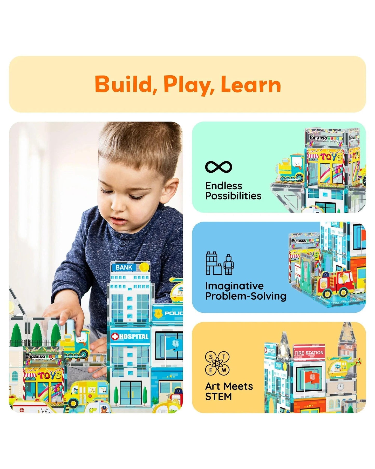 PicassoTiles Magnetic Tile Metro City Building Set 50 Pieces