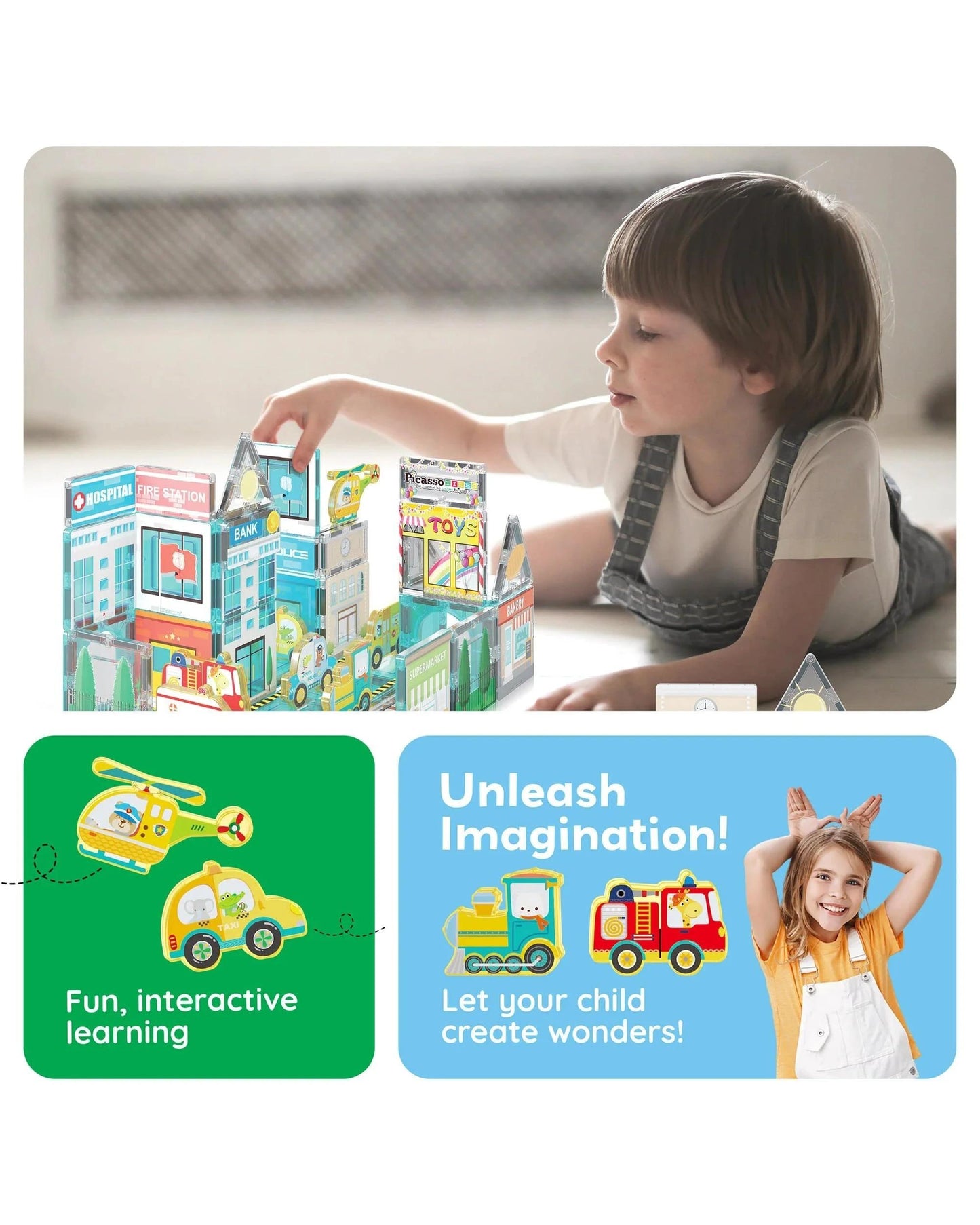 PicassoTiles Magnetic Tile Metro City Building Set 50 Pieces