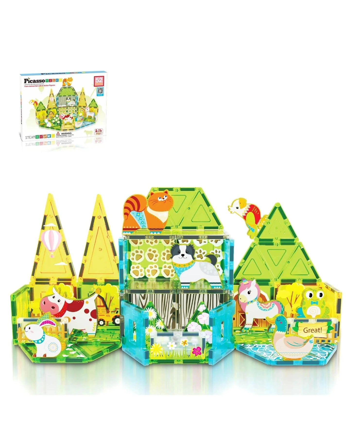 PicassoTiles Magnetic Tile Farm Animal Building Set 52 Pieces