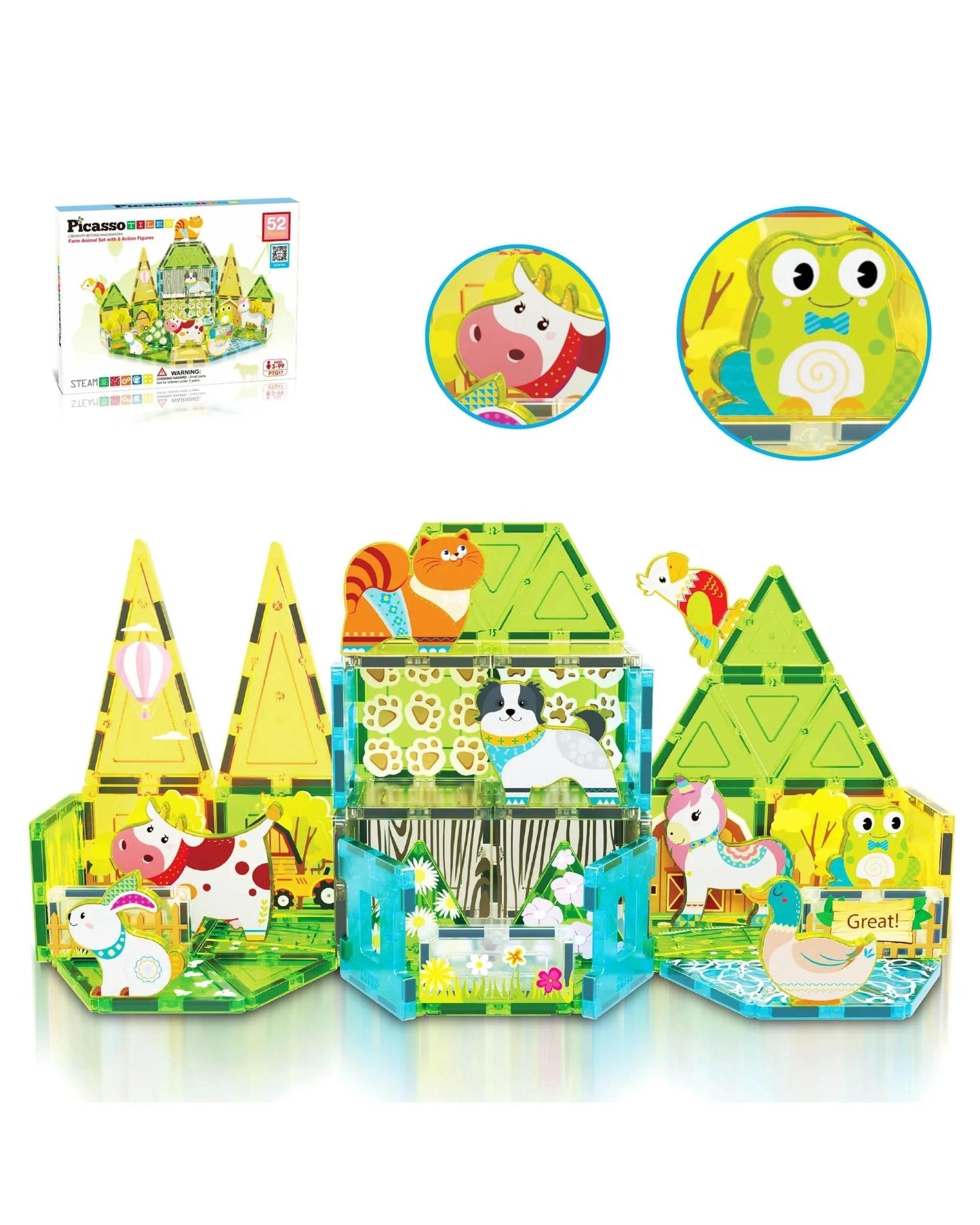 PicassoTiles Magnetic Tile Farm Animal Building Set 52 Pieces