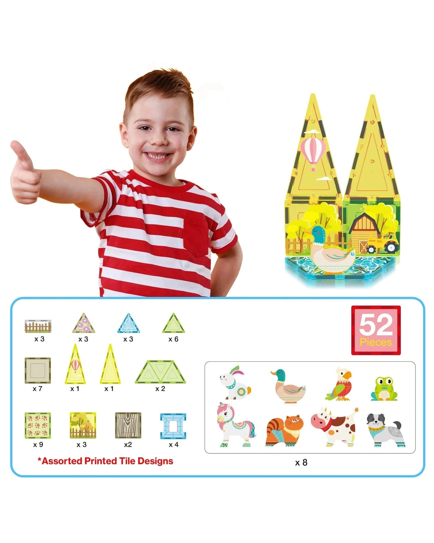 PicassoTiles Magnetic Tile Farm Animal Building Set 52 Pieces