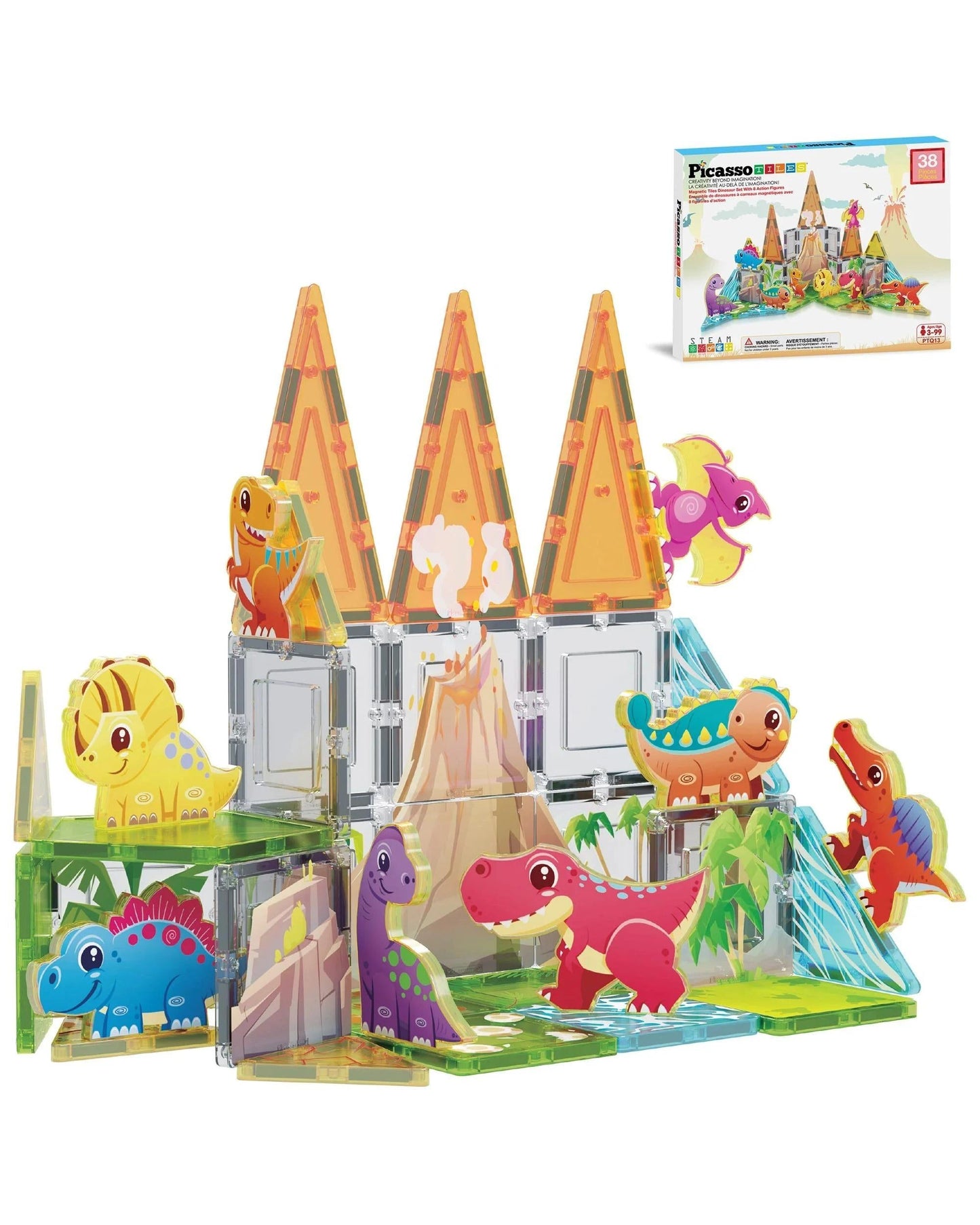 PicassoTiles Magnetic Tile Dino World Adventure Set Building Set 38 Pieces