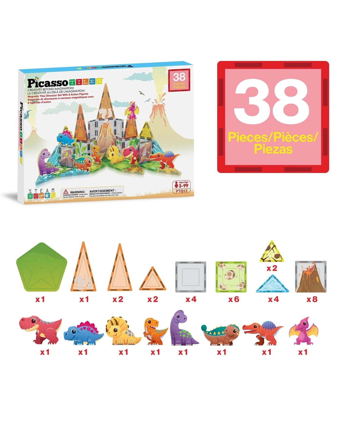 PicassoTiles Magnetic Tile Dino World Adventure Set Building Set 38 Pieces