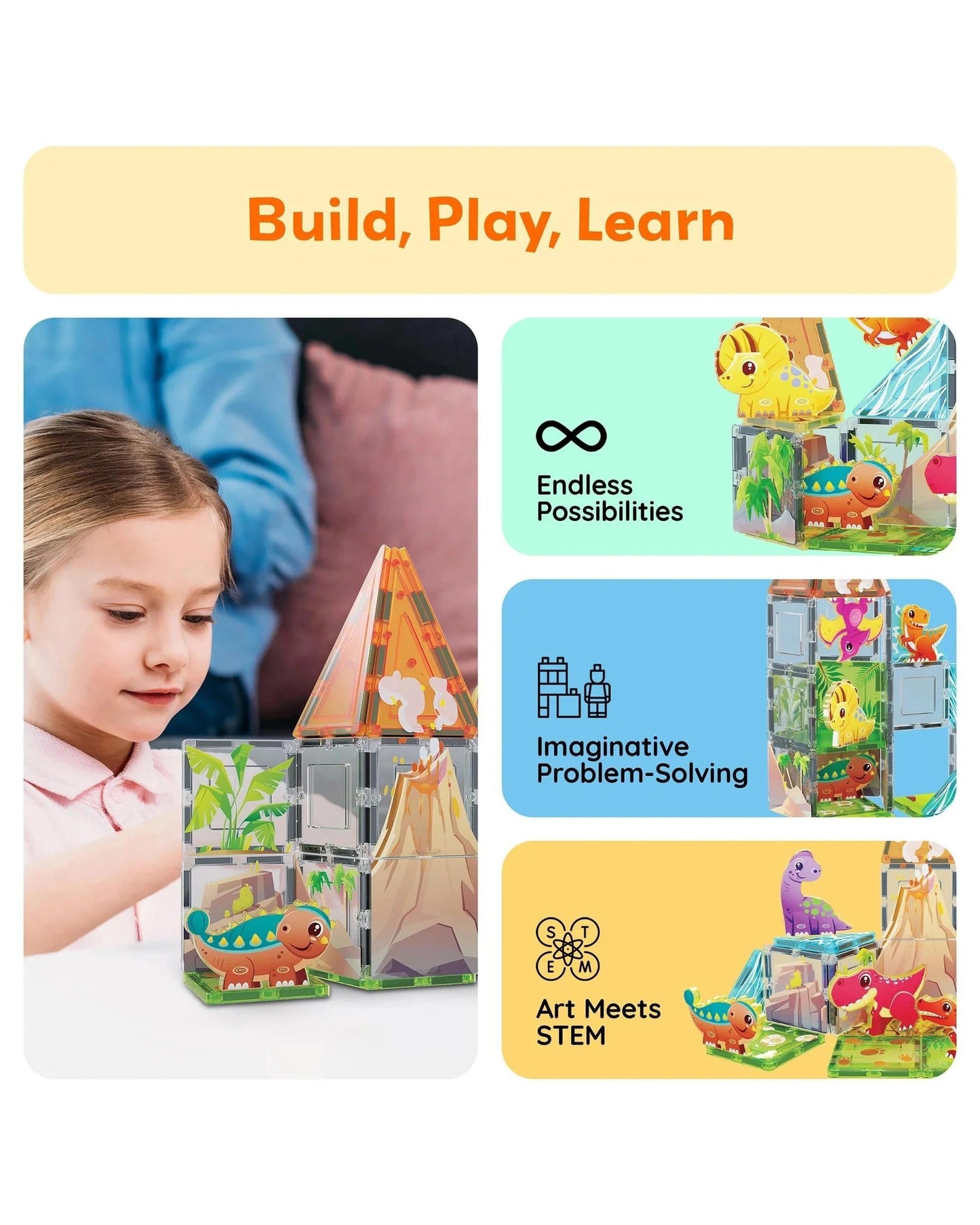 PicassoTiles Magnetic Tile Dino World Adventure Set Building Set 38 Pieces