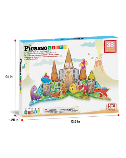 PicassoTiles Magnetic Tile Dino World Adventure Set Building Set 38 Pieces