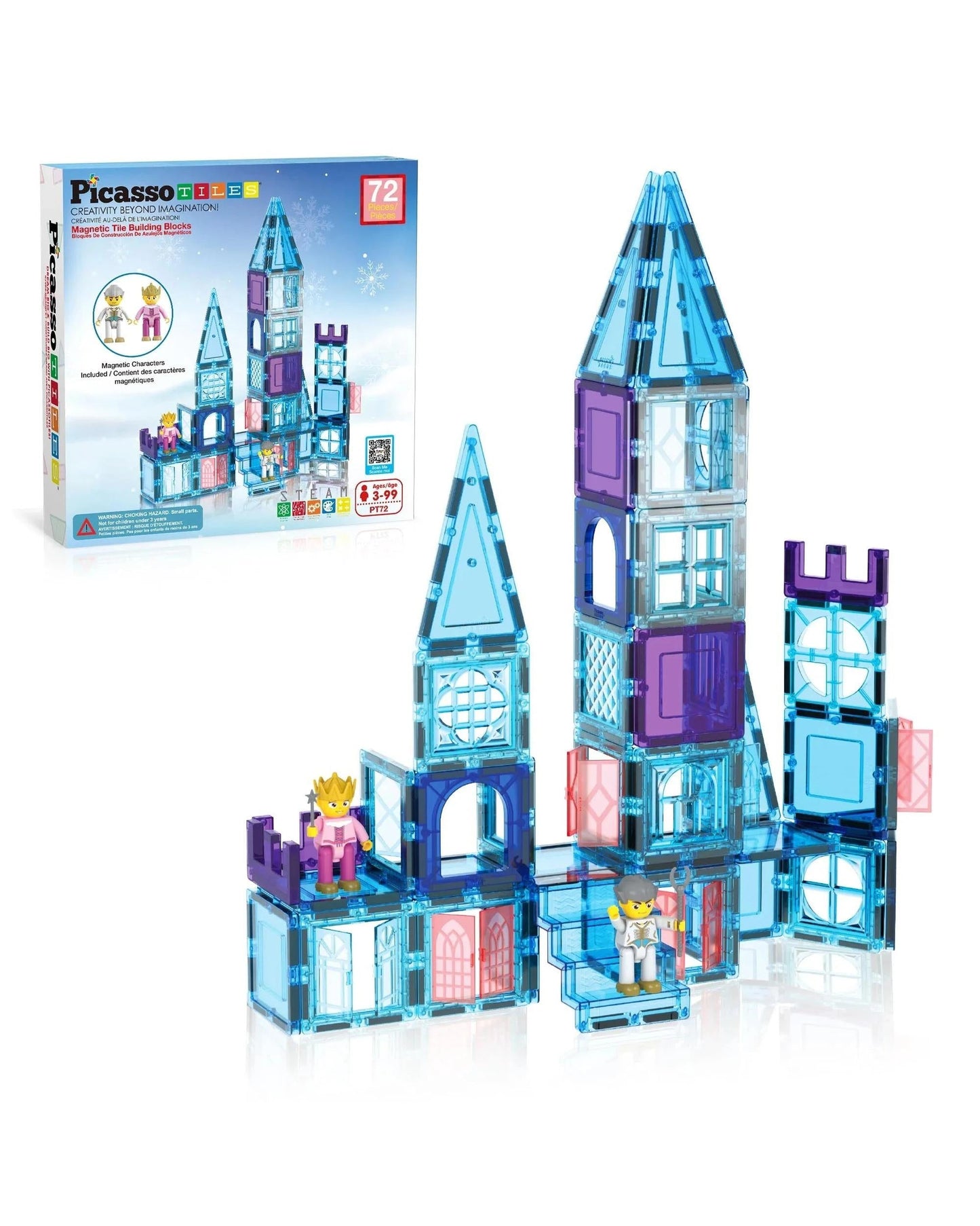 PicassoTiles Magnetic Tile Winter Ice Castle Building Set 72 Pieces
