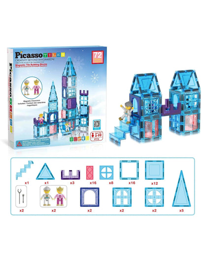 PicassoTiles Magnetic Tile Winter Ice Castle Building Set 72 Pieces