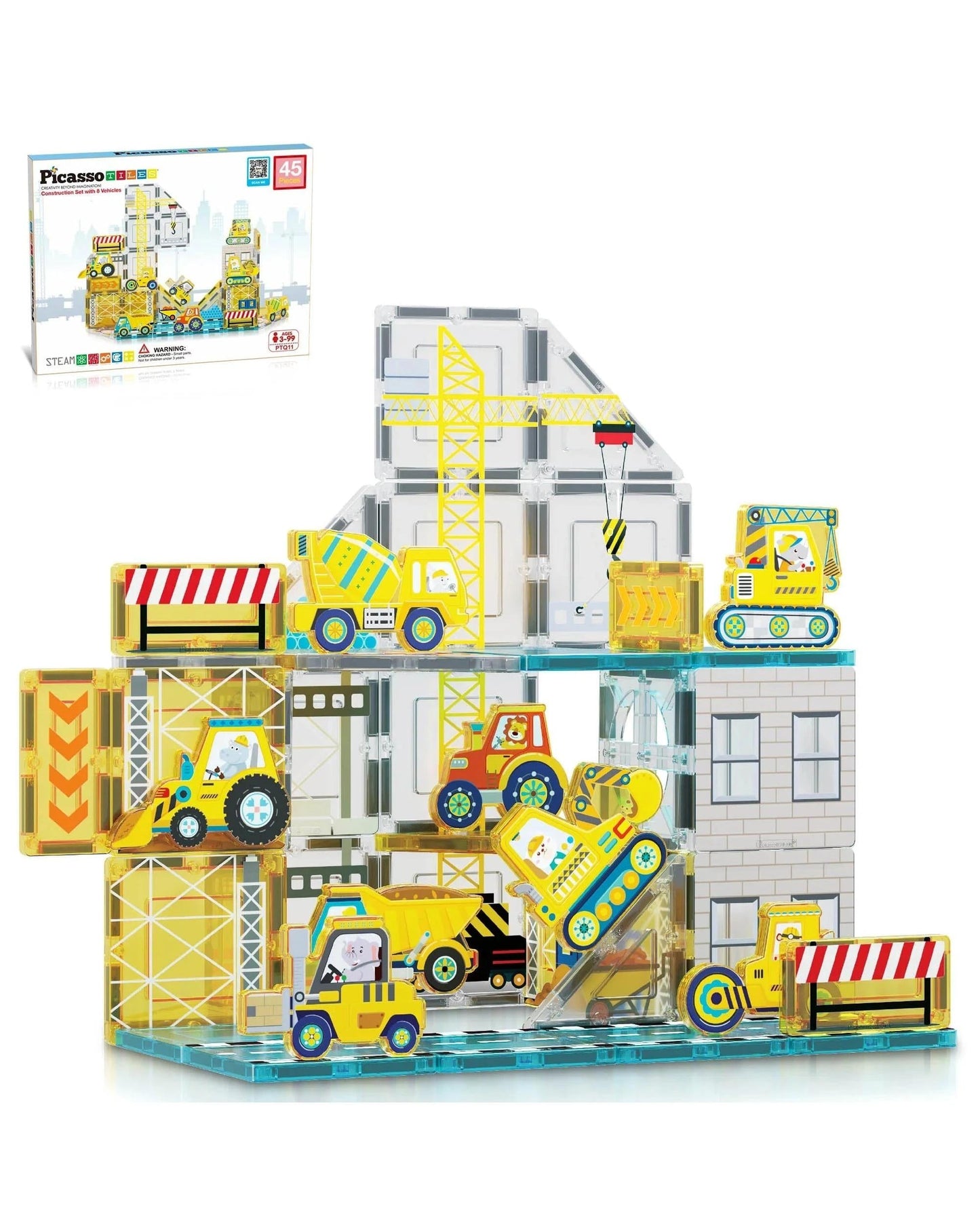 PicassoTiles Magnetic Tile Construction Adventure Building Set 45 Pieces