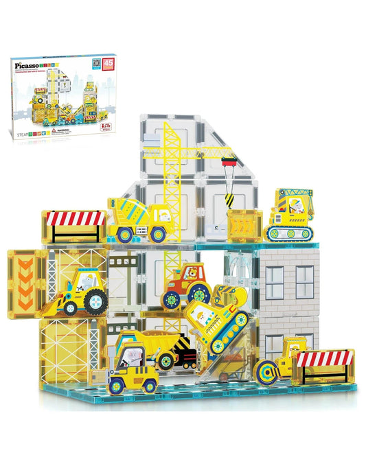 PicassoTiles Magnetic Tile Construction Adventure Building Set 45 Pieces