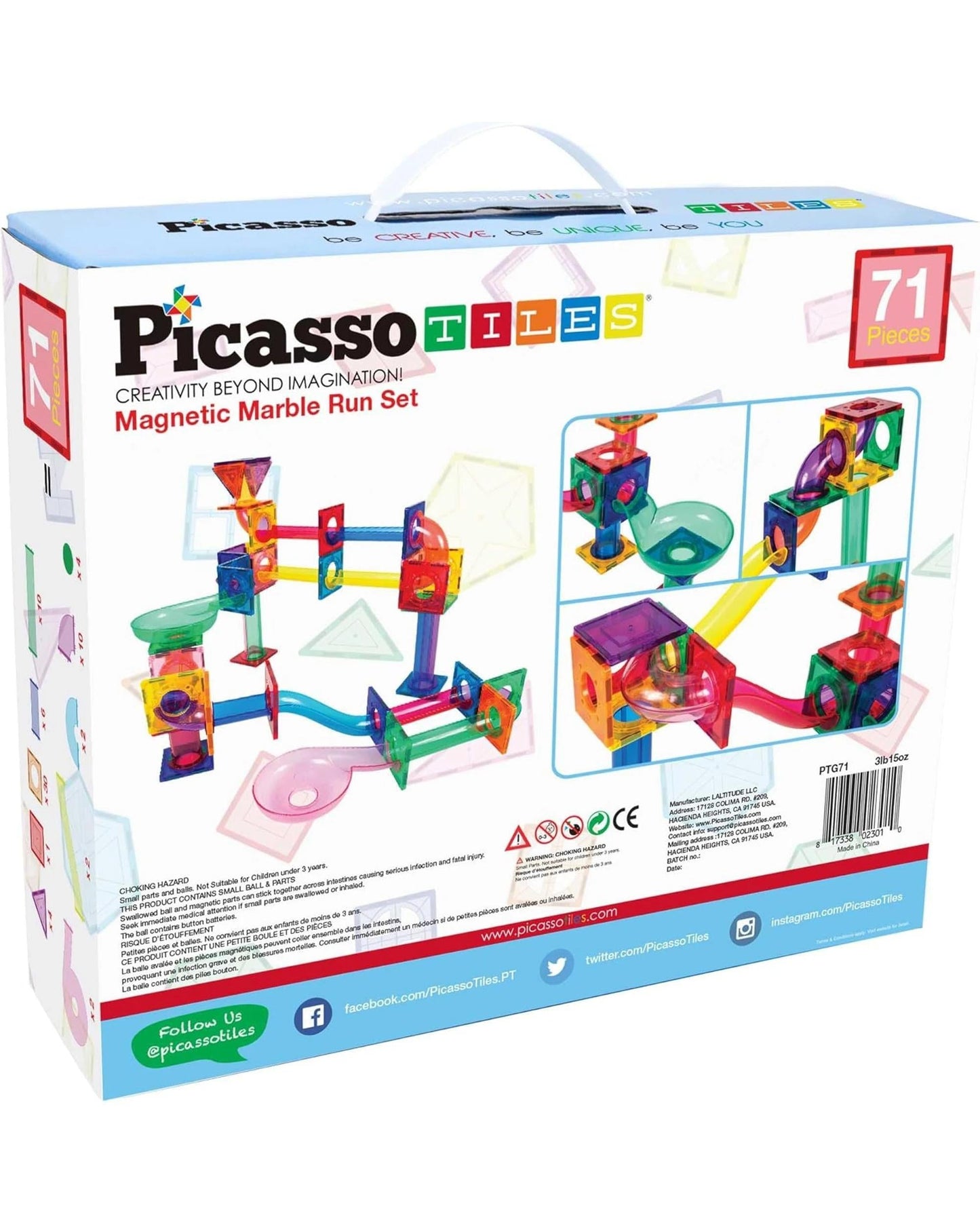 PicassoTiles 71 Piece Magnetic Marble Run Set