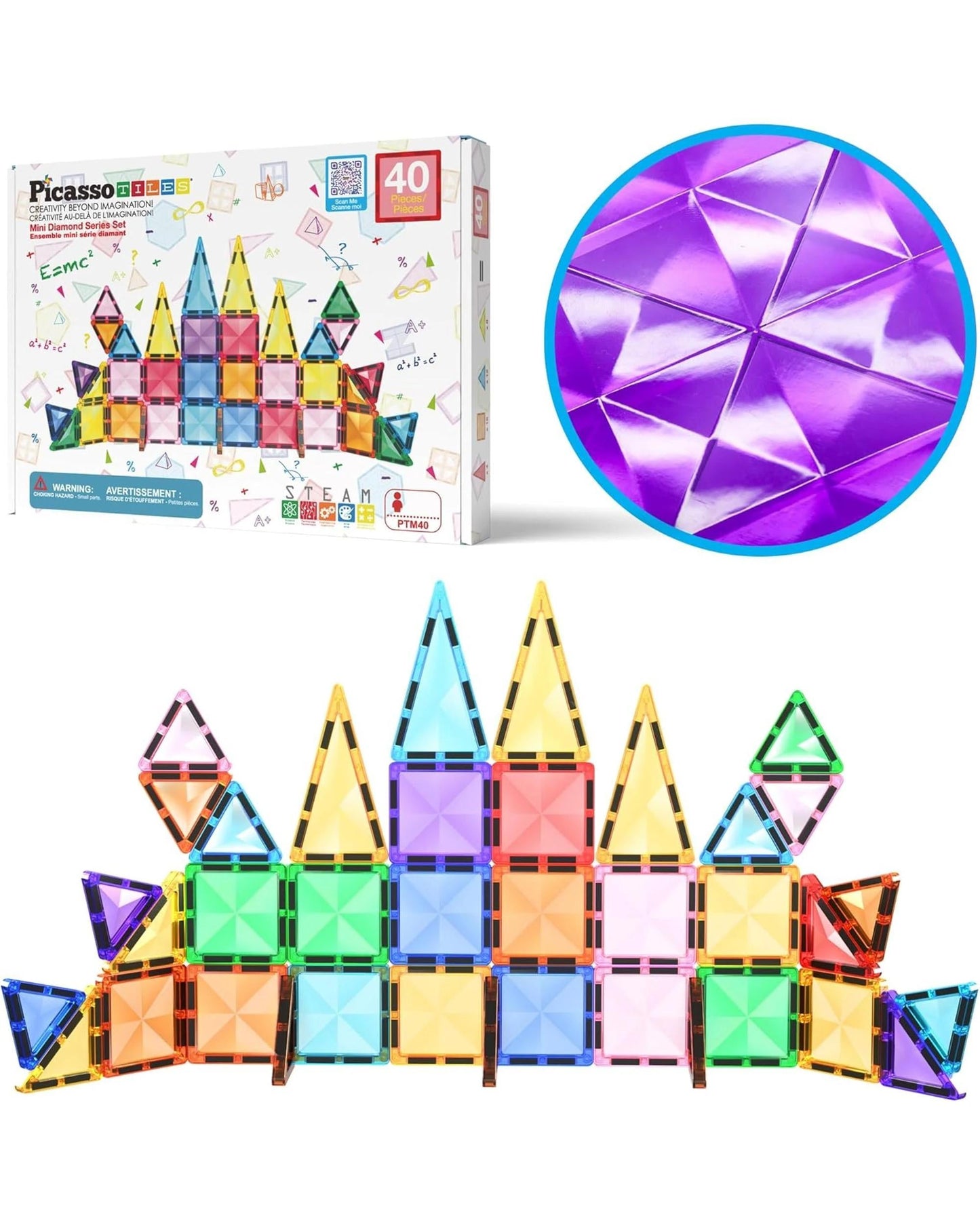 PicassoTiles 40 Piece Mini Diamond Magnetic Tiles Series Set