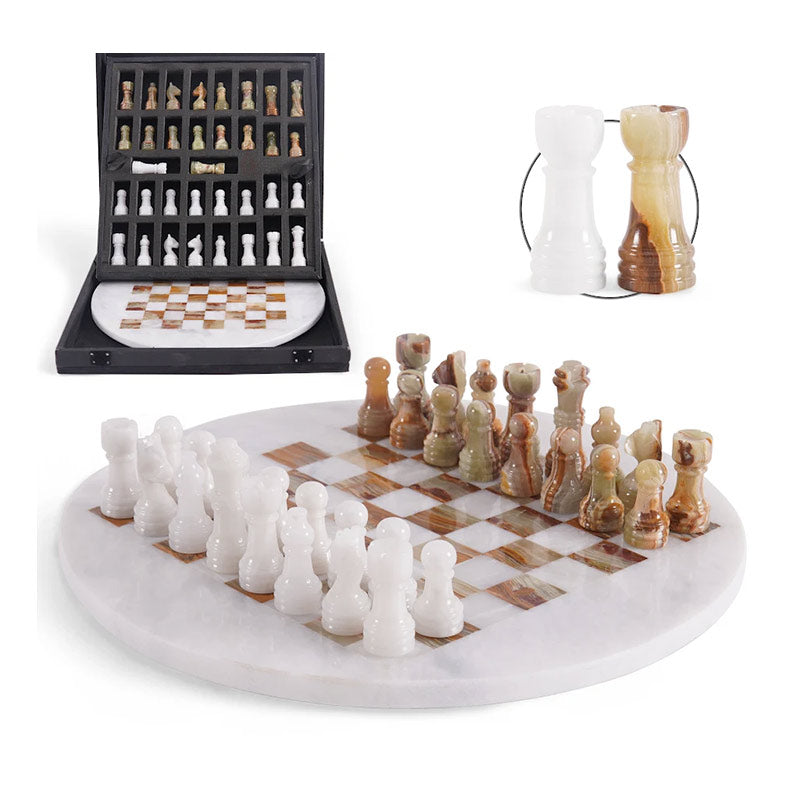 Marble 30 cm Round Chess Set With Standard Storage Box