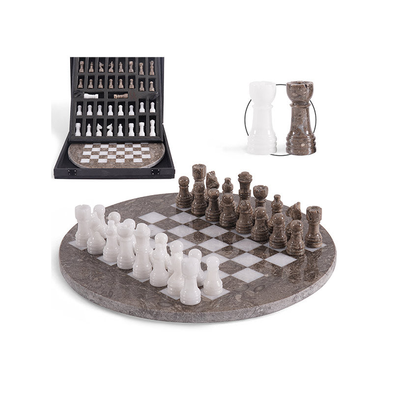 Marble 30 cm Round Chess Set With Standard Storage Box