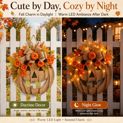 Lighted Burlap Pumpkin Wreath — Halloween Front Door Decor 11