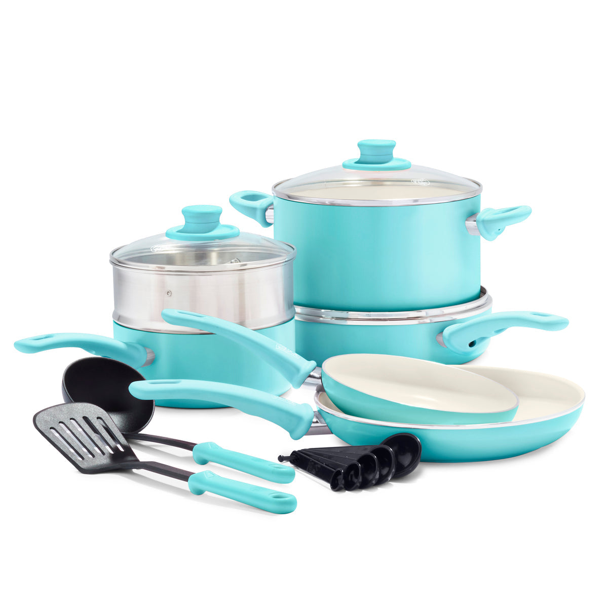 GreenLife Soft Grip 12-piece ceramic cookware set in turquoise — image 1