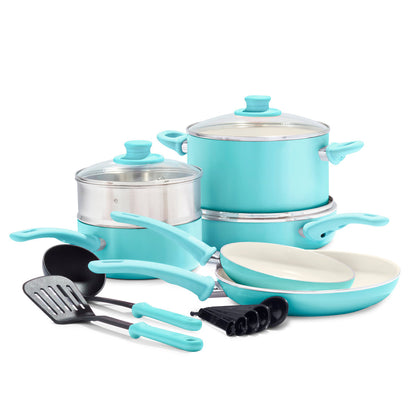 GreenLife Soft Grip 12-piece ceramic cookware set in turquoise — image 1