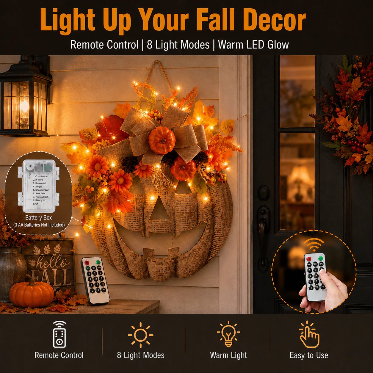 Lighted Burlap Pumpkin Wreath — Halloween Front Door Decor 9