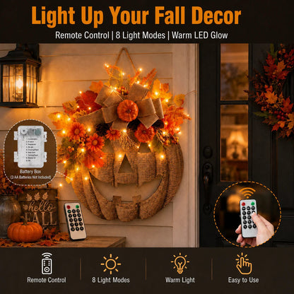 Lighted Burlap Pumpkin Wreath — Halloween Front Door Decor 9