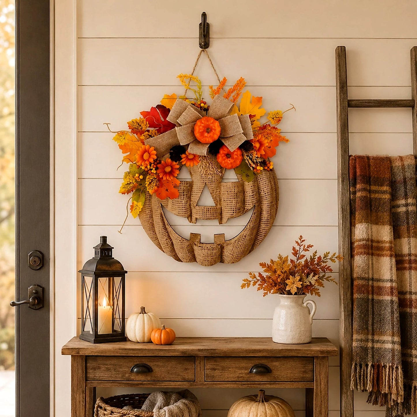 Lighted Burlap Pumpkin Wreath — Halloween Front Door Decor 18