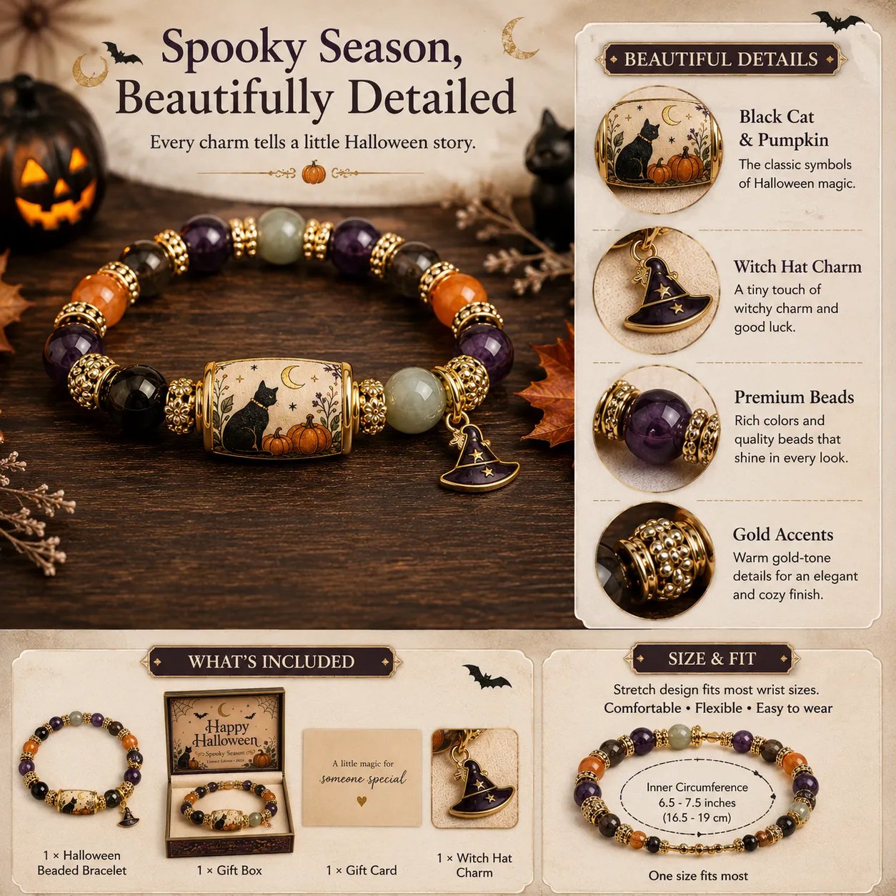 Halloween Black Cat & Pumpkin Beaded Bracelet Gift Set 18