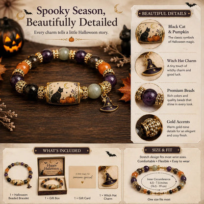 Halloween Black Cat & Pumpkin Beaded Bracelet Gift Set 18