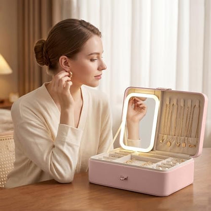 2-Layer LED Jewellery Box with Dimmable Mirror — Necklace Hanging Rail, Velvet-Lined Travel Organiser — image 20