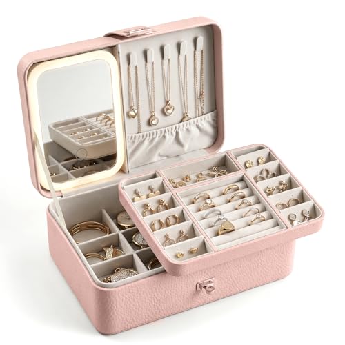 2-Layer LED Jewellery Box with Dimmable Mirror — Necklace Hanging Rail, Velvet-Lined Travel Organiser — image 14