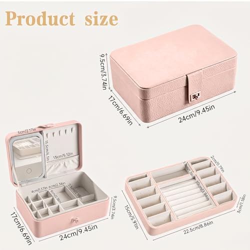 2-Layer LED Jewellery Box with Dimmable Mirror — Necklace Hanging Rail, Velvet-Lined Travel Organiser — image 15