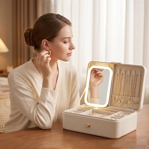 2-Layer LED Jewellery Box with Dimmable Mirror — Necklace Hanging Rail, Velvet-Lined Travel Organiser — image 7