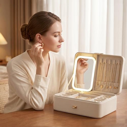 2-Layer LED Jewellery Box with Dimmable Mirror — Necklace Hanging Rail, Velvet-Lined Travel Organiser — image 7