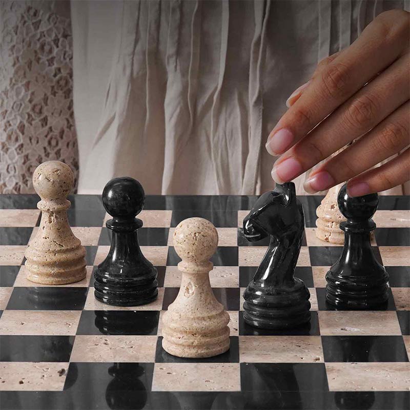 Marble Chess Set 38cm – Black & Travertine