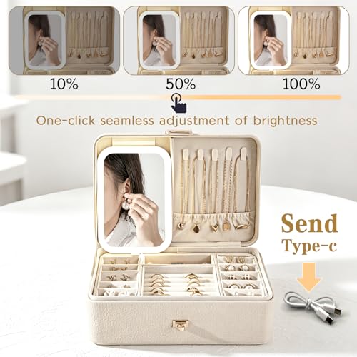2-Layer LED Jewellery Box with Dimmable Mirror — Necklace Hanging Rail, Velvet-Lined Travel Organiser — image 4