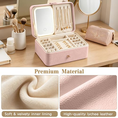2-Layer LED Jewellery Box with Dimmable Mirror — Necklace Hanging Rail, Velvet-Lined Travel Organiser — image 18