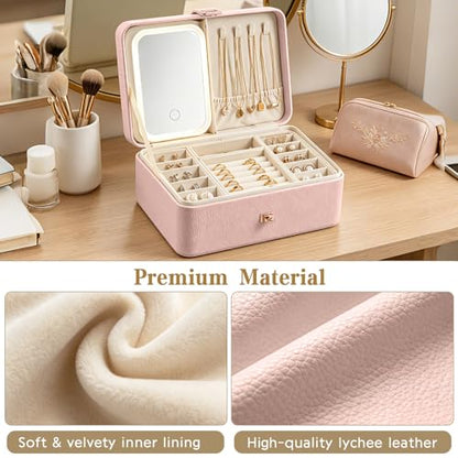 2-Layer LED Jewellery Box with Dimmable Mirror — Necklace Hanging Rail, Velvet-Lined Travel Organiser — image 18