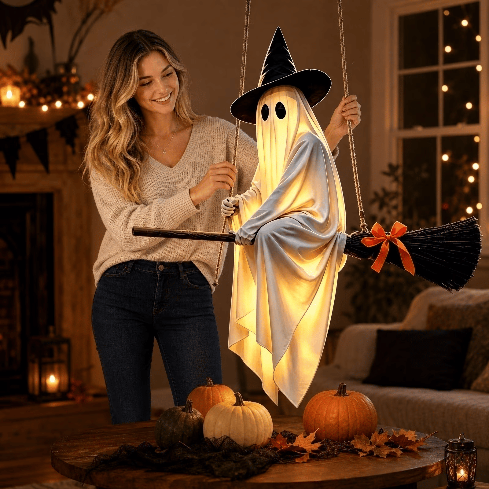 Light-Up Flying Broom Ghost — Hanging Halloween Decoration 11