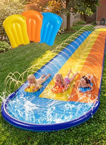 Sloosh Triple Water Slide with 3 Bodyboards — 18FT Backyard Lawn Splash Slide with Built-I
