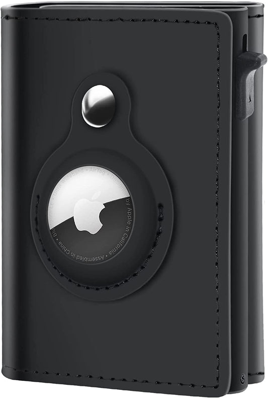 AirTag Wallet Genuine Leather Air Tag Wallet RFID Technology Credit Card Holder with Minimalist Wallet for Men for Apple AirTag (No Airtag Included), Black-02