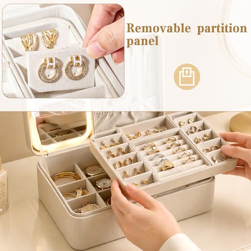 2-Layer LED Jewellery Box with Dimmable Mirror — Necklace Hanging Rail, Velvet-Lined Travel Organiser — image 6